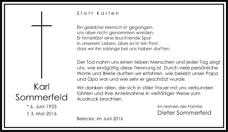 Traueranzeigen von Karl Sommerfeld TrauerinNRW.de