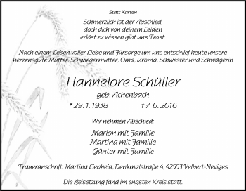 Traueranzeige von Hannelore Schüller von Tageszeitung
