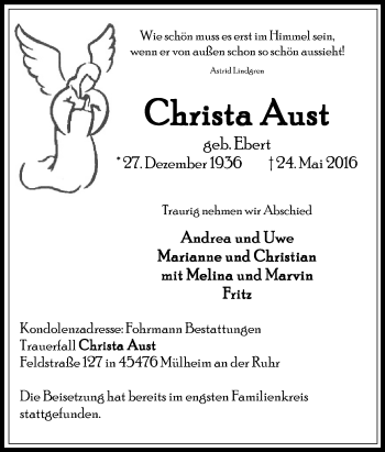 Traueranzeige von Christa Aust von Tageszeitung