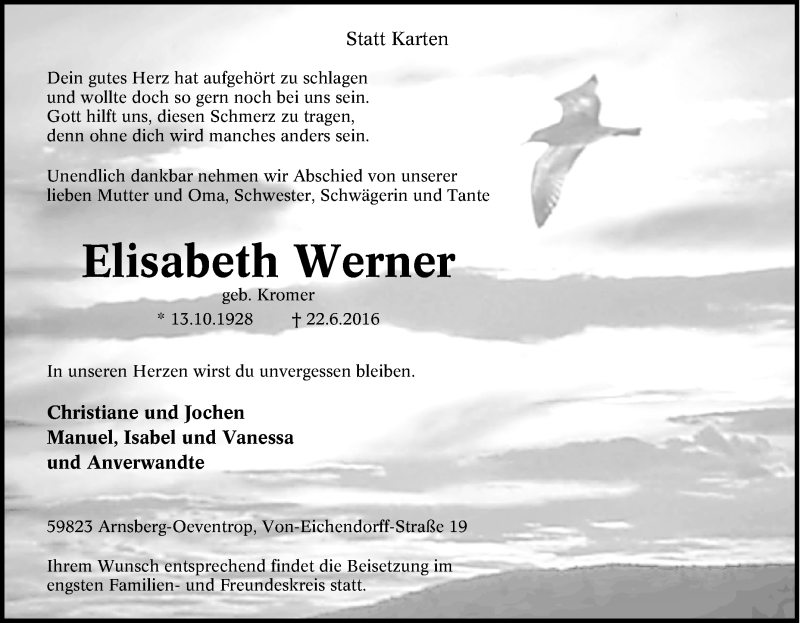  Traueranzeige für Elisabeth Werner vom 25.06.2016 aus Tageszeitung