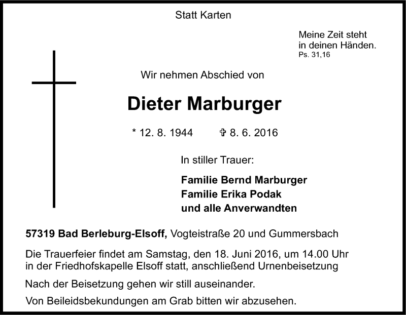  Traueranzeige für Dieter Marburger vom 11.06.2016 aus Tageszeitung
