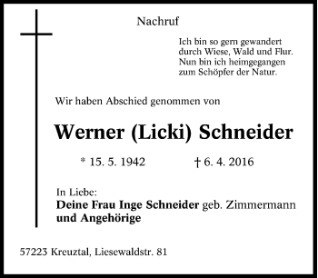 Traueranzeige von Werner Schneider von Tageszeitung