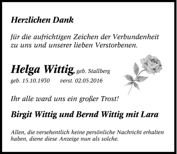 Traueranzeige von Helga Wittig von Tageszeitung
