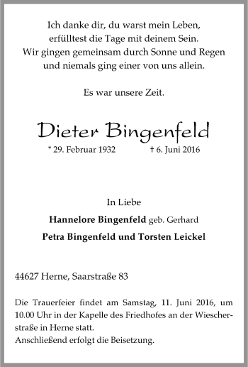 Traueranzeige von Dieter Bingenfeld von Tageszeitung