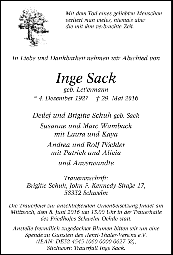 Traueranzeige von Inge Sack von Tageszeitung