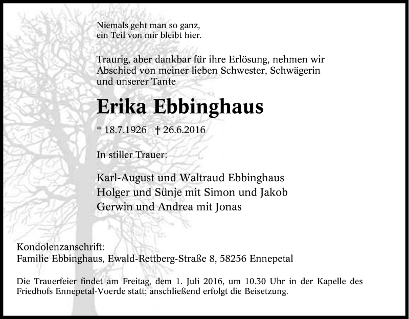  Traueranzeige für Erika Ebbinghaus vom 30.06.2016 aus Tageszeitung