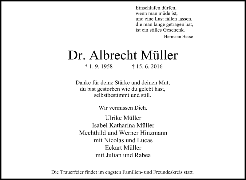 Traueranzeige für Albrecht Müller vom 18.06.2016 aus Tageszeitung