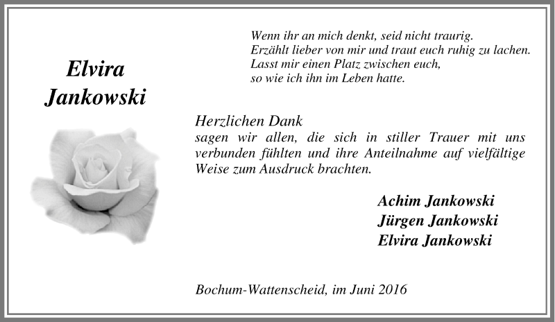  Traueranzeige für Elvira Jankowski vom 11.06.2016 aus Tageszeitung