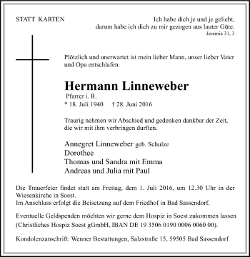 Traueranzeige von Hermann Linneweber von Tageszeitung