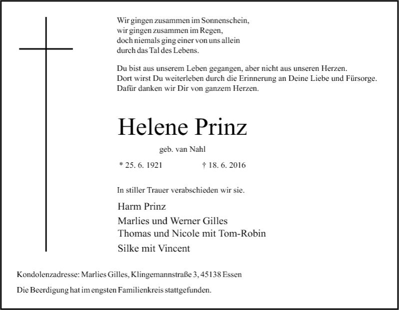  Traueranzeige für Helene Prinz vom 25.06.2016 aus Tageszeitung