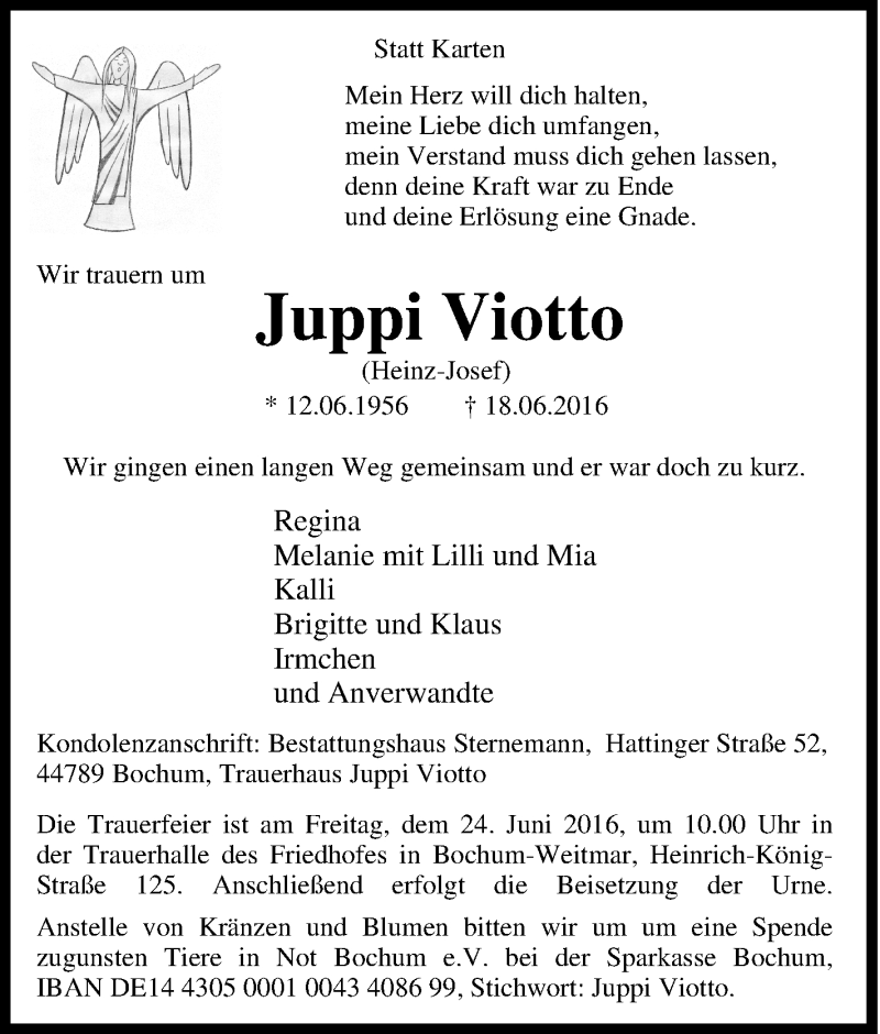  Traueranzeige für Juppi Viotto vom 22.06.2016 aus Tageszeitung