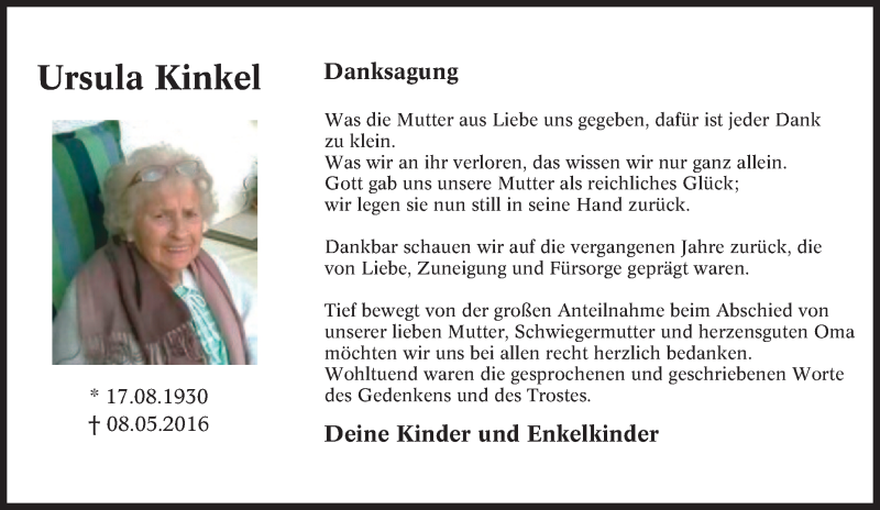  Traueranzeige für Ursula Kinkel vom 25.06.2016 aus Tageszeitung