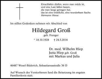 Traueranzeige von Hildegard Groß von Tageszeitung