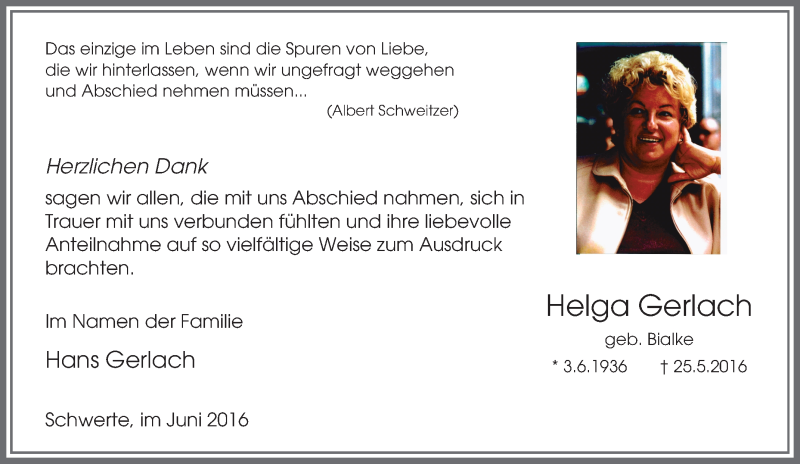  Traueranzeige für Helga Gerlach vom 11.06.2016 aus Tageszeitung