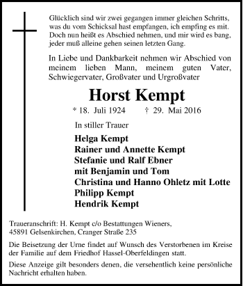Traueranzeige von Horst Kempt von Tageszeitung
