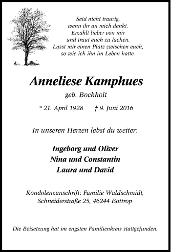 Traueranzeige von Anneliese Kamphues von Tageszeitung