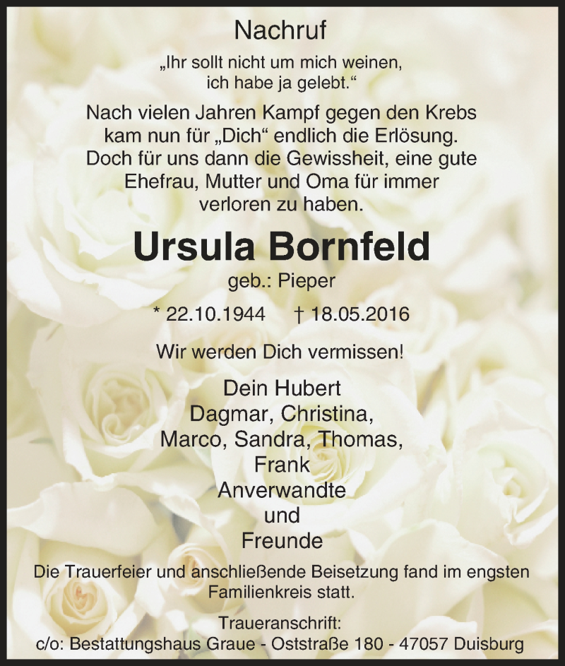  Traueranzeige für Ursula Bornfeld vom 04.06.2016 aus Tageszeitung