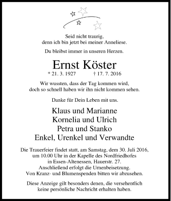 Traueranzeige von Ernst Köster von Tageszeitung