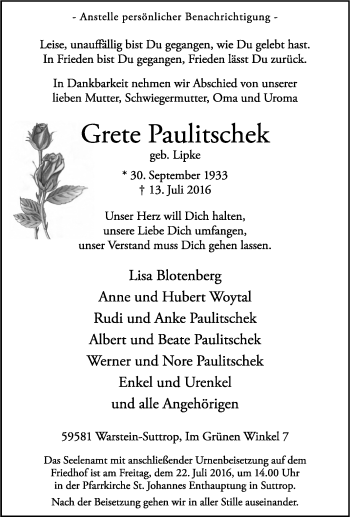 Traueranzeige von Grete Paulitschek von Tageszeitung