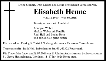 Traueranzeige von Elisabeth Henne von Tageszeitung