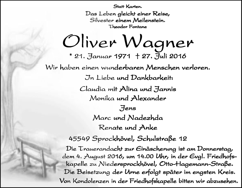  Traueranzeige für Oliver Wagner vom 30.07.2016 aus Tageszeitung