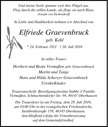 Traueranzeige von Elfriede Graevenbruck von Tageszeitung