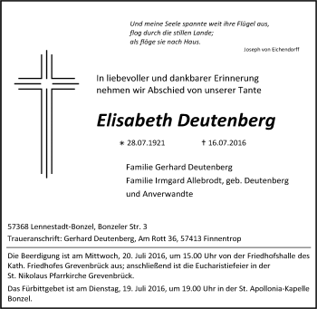Traueranzeige von Elisabeth Deutenberg von Tageszeitung