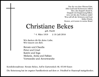 Traueranzeige von Christiane Bekes von Tageszeitung