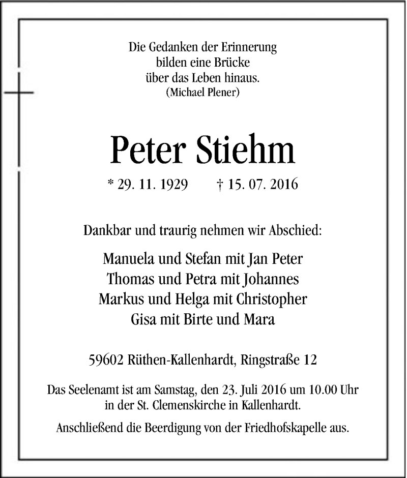 Traueranzeige für Peter Stiehm vom 19.07.2016 aus Tageszeitung