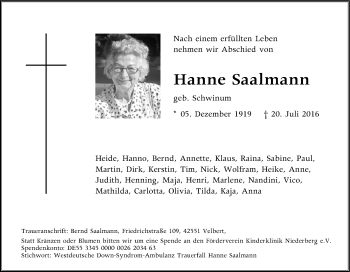Traueranzeige von Hanne Saalmann von Tageszeitung