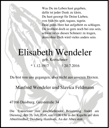 Traueranzeige von Elisabeth Wendeler von Tageszeitung