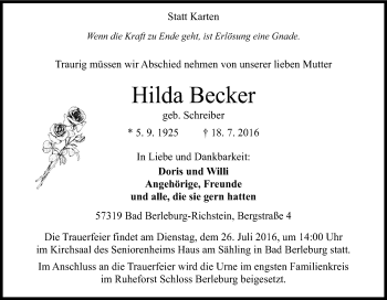 Traueranzeige von Hilda Becker von Tageszeitung