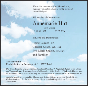 Traueranzeige von Annemarie Hirt von Tageszeitung