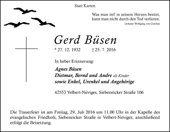 Traueranzeige von Gerd Büsen von Tageszeitung