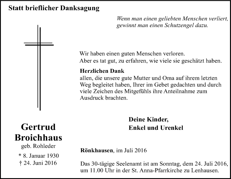  Traueranzeige für Gertrud Broichhaus vom 19.07.2016 aus Tageszeitung