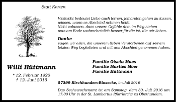 Traueranzeige von Willi Hüttmann von Tageszeitung