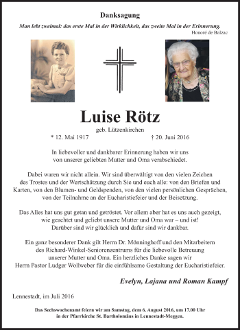 Traueranzeige von Luise Rötz von Tageszeitung