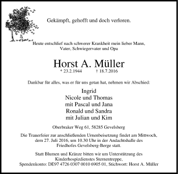 Traueranzeige von Horst  Müller von Tageszeitung