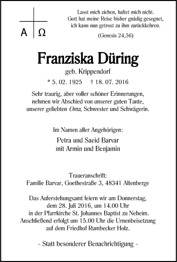 Traueranzeige von Franziska Düring von Tageszeitung