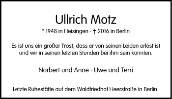 Traueranzeige von Ullrich Motz von Tageszeitung