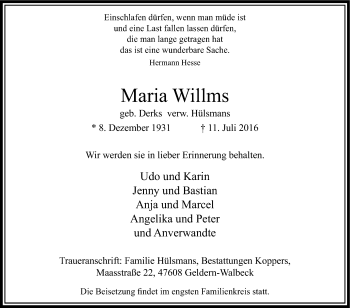 Traueranzeige von Maria Willms von Tageszeitung