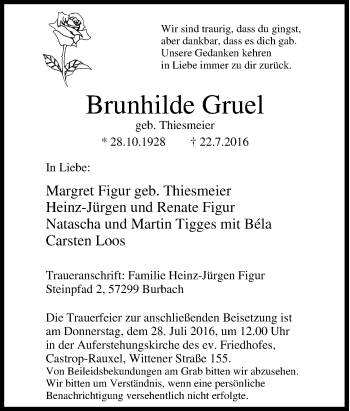 Traueranzeige von Brunhilde Gruel von Tageszeitung