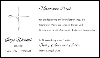 Traueranzeige von Inge Winkel von Tageszeitung