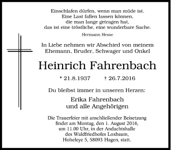 Traueranzeige von Heinrich Fahrenbach von Tageszeitung