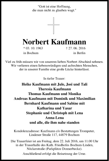 Traueranzeige von Norbert Kaufmann von Tageszeitung