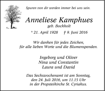 Traueranzeige von Anneliese Kamphues von Tageszeitung