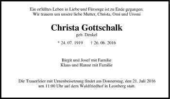 Traueranzeige von Christa Gottschalk von Tageszeitung