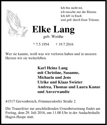 Traueranzeige von Elke Lang von Tageszeitung