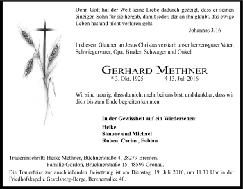 Traueranzeige von Gerhard Methner von Tageszeitung