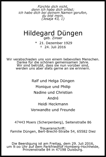 Traueranzeige von Hildegard Düngen von Tageszeitung